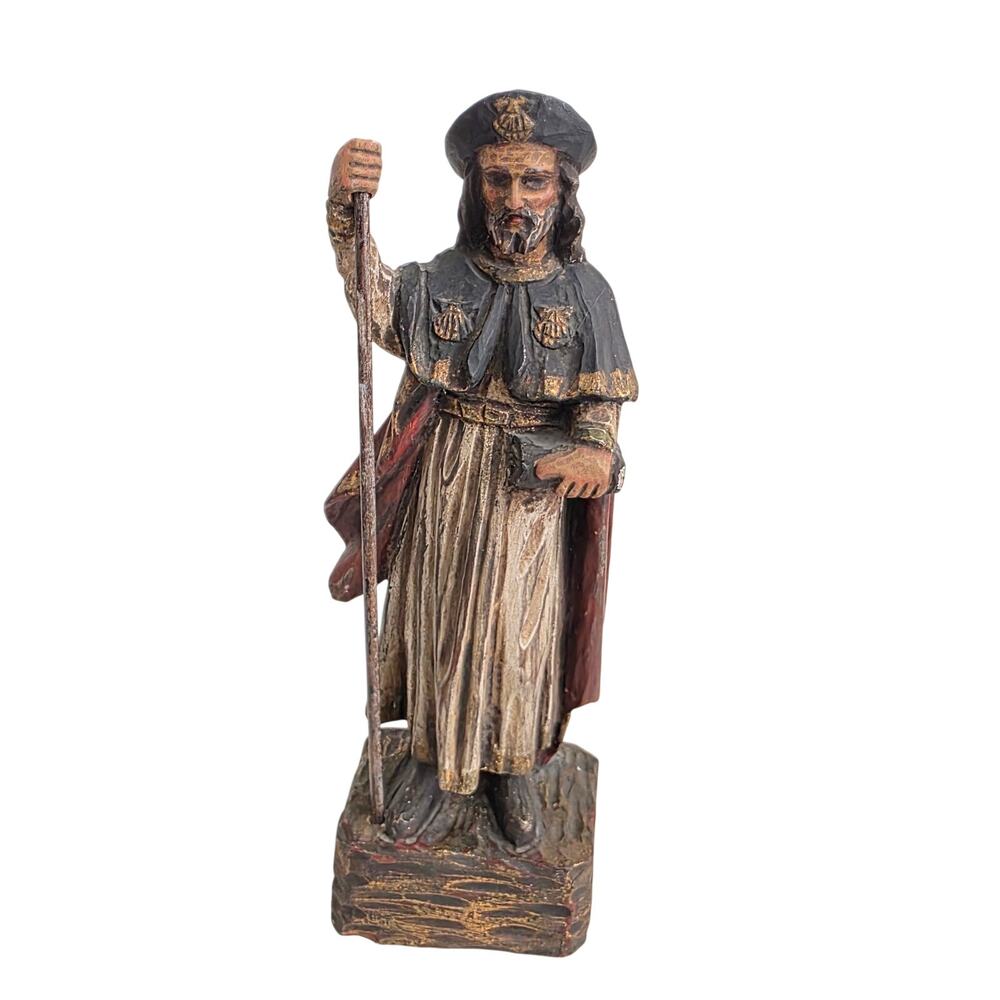 Vintage Hand Carved Wooden Pilgrim Saint Statue Religious Figure Folk Art